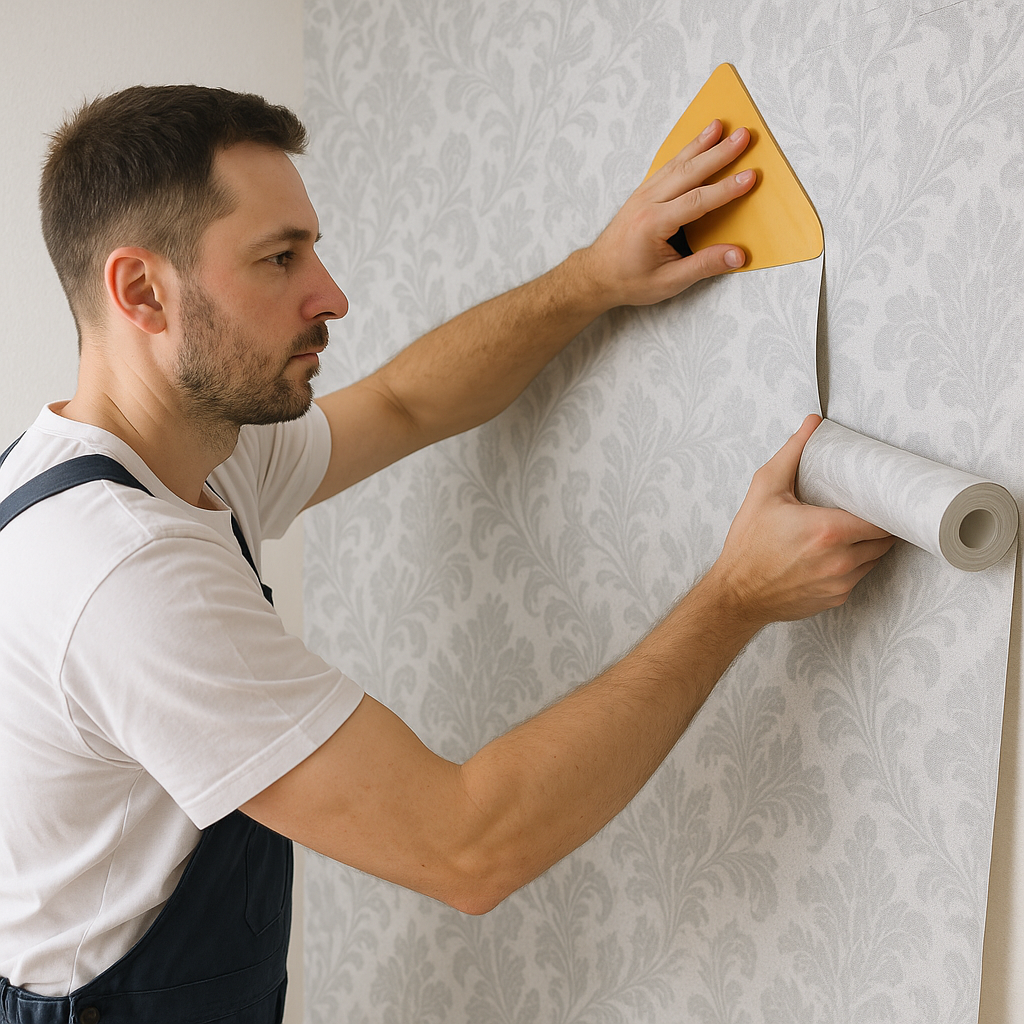 Un homme qui pose du papier peint blanc et floral