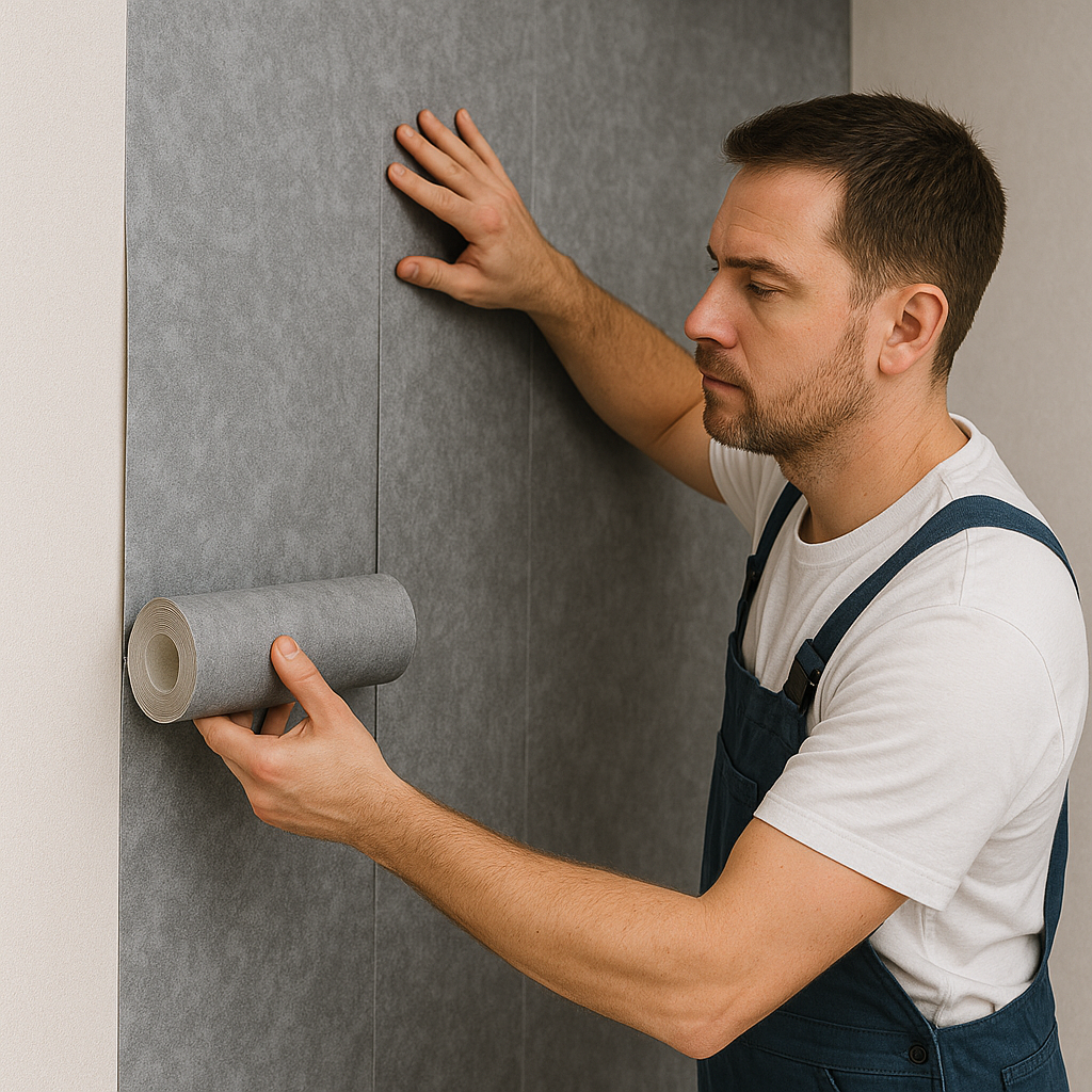 Un homme pose du papier peint intissé