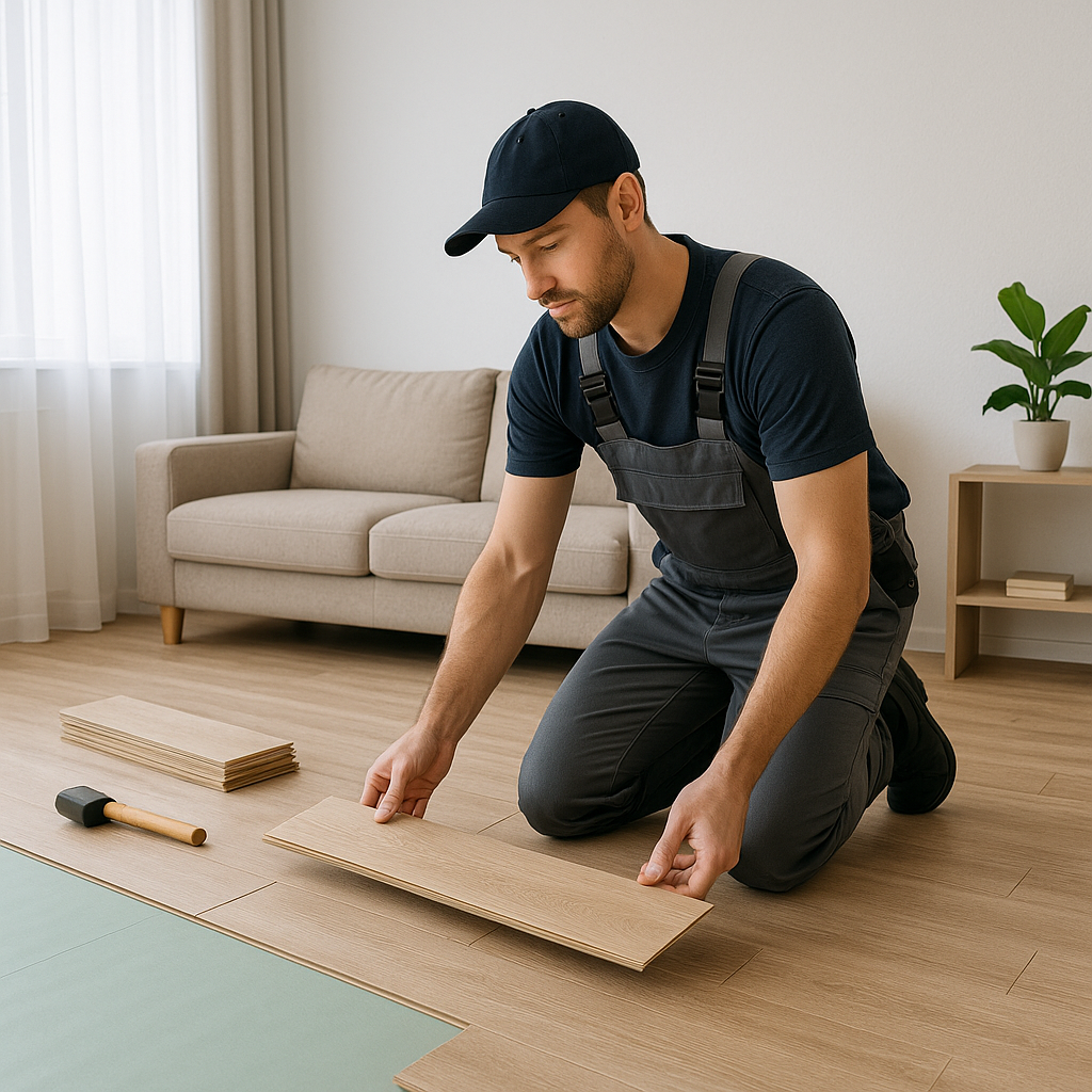 Un homme fait une pose de parquet à Rennes