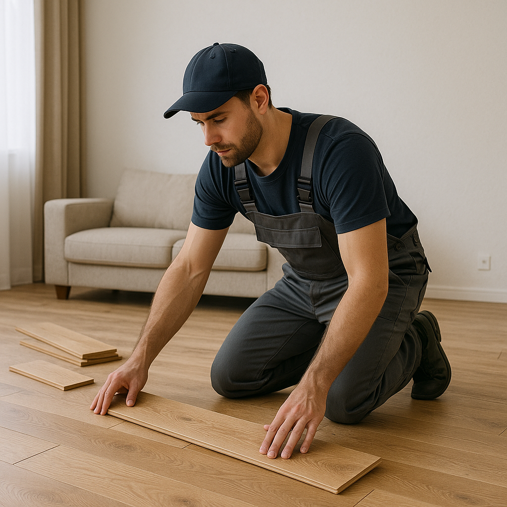 Un expert fait une pose de parquet massif