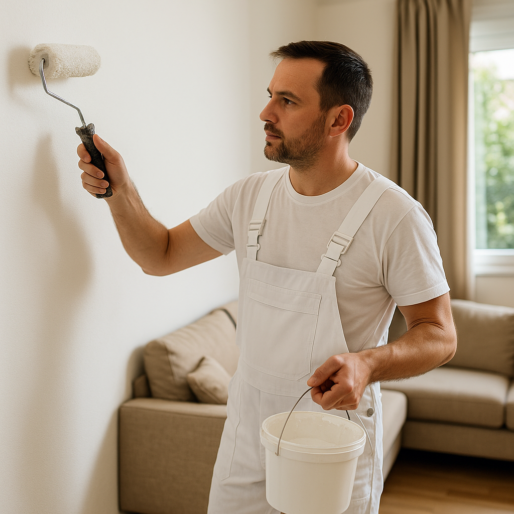 Un peintre peint en blanc un mur