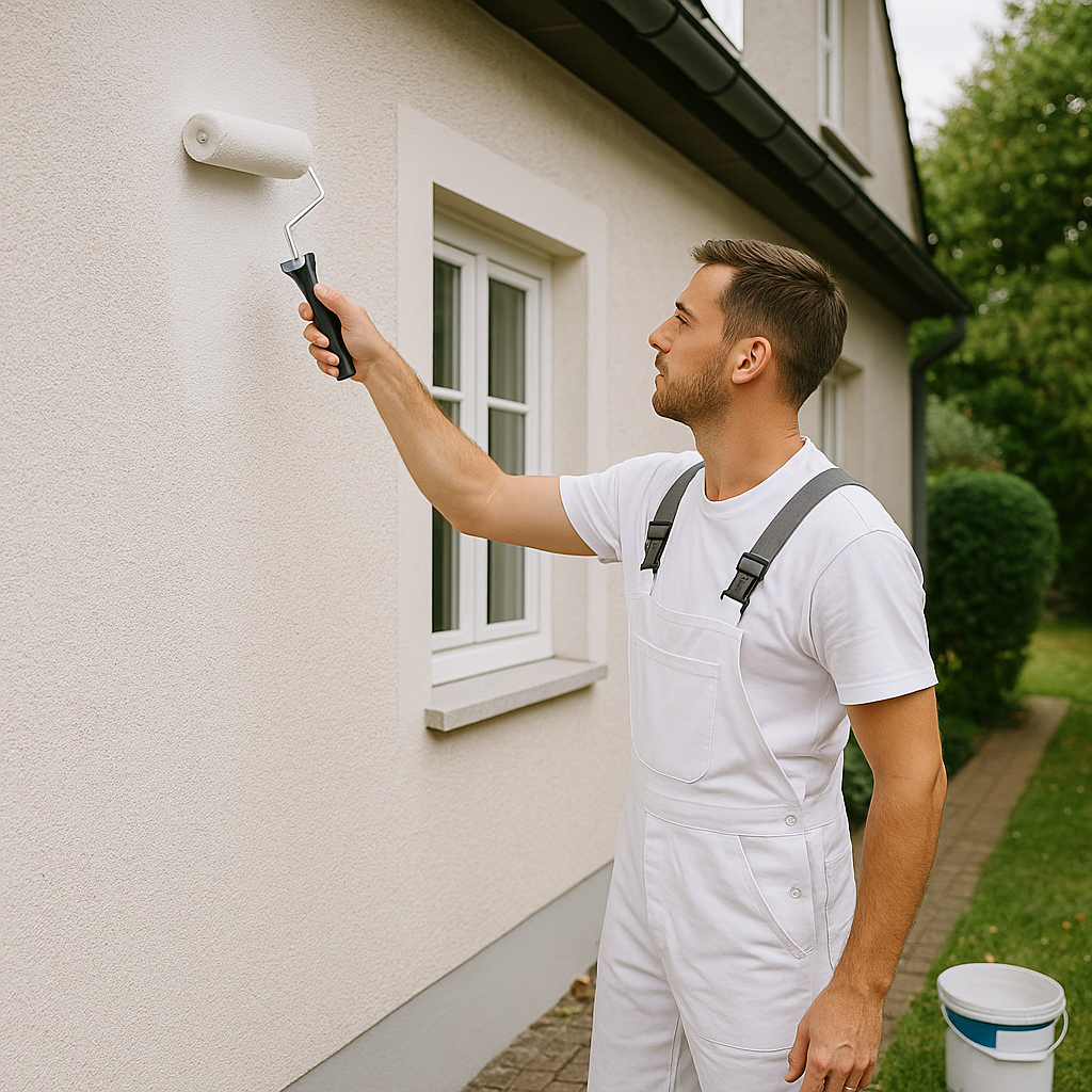 Un homme peint la façade d'une maison